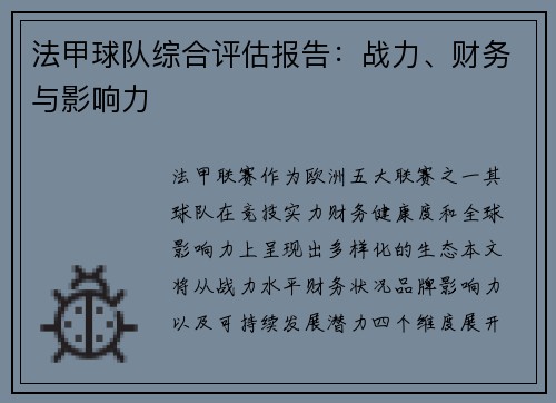 法甲球队综合评估报告：战力、财务与影响力