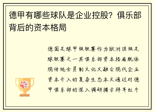 德甲有哪些球队是企业控股？俱乐部背后的资本格局