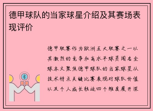 德甲球队的当家球星介绍及其赛场表现评价